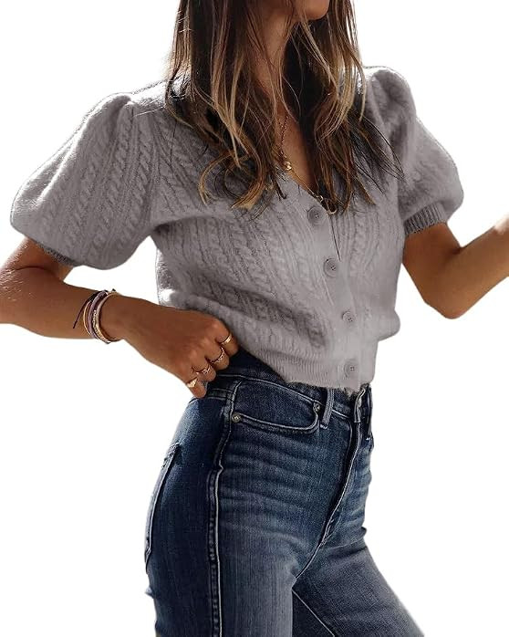 Bianstore Women's Puff Short Sleeve Sweater Casual V Neck Cardigan Tops Ribbed Knit Button Down S... | Amazon (US)