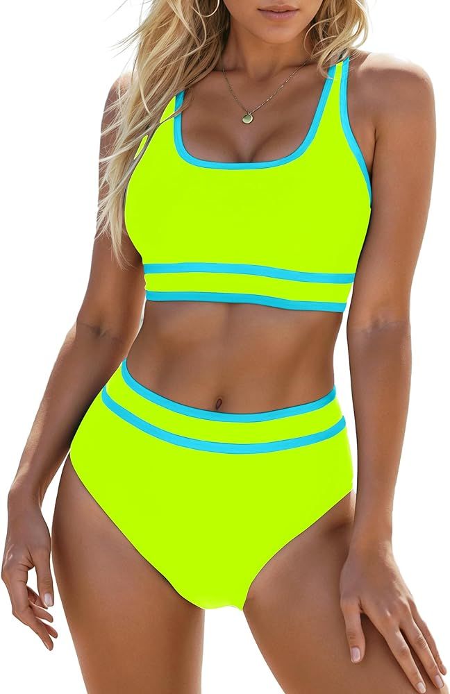Blooming Jelly Womens High Waist Bikini Sets Sporty Color Block Two Piece Swimsuits Scoop Neck Ch... | Amazon (US)