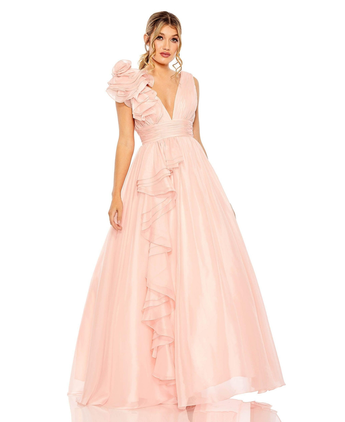 Mac Duggal Women's Ruffle Shoulder V-Neck Chiffon Gown - Blush | Macy's
