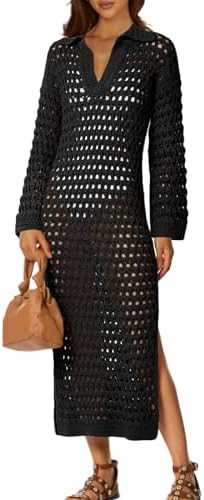 Saodimallsu Womens Crochet Swimsuit Cover Up V Neck Collared Long Sleeve Mesh Knit Long Beach Cov... | Amazon (US)