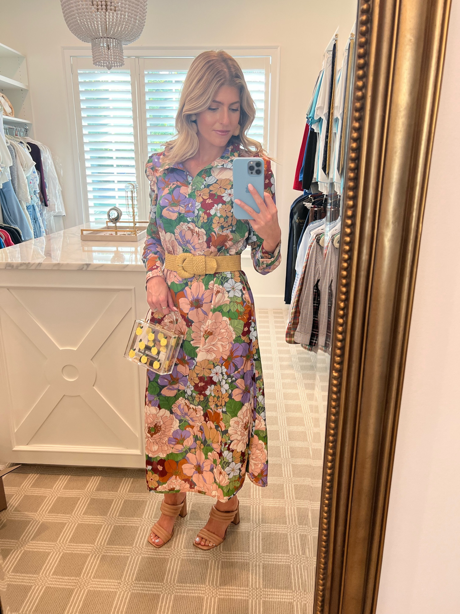 Long sleeve dress with floral print, acrylic lemon clutch, neutral heels, rattan earrings, rattan belt
#tuckernuck 

#LTKstyletip #LTKwedding #LTKSeasonal