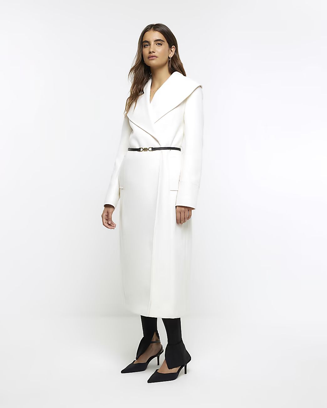 Cream belted wrap longline coat | River Island (UK & IE)