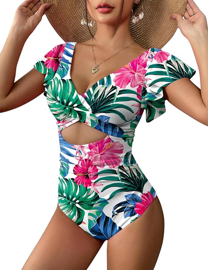 AI'MAGE Women's Ruffle One Piece Swimsuit V Neck Tummy Control Bathing Suits Cutout Backless Swim... | Amazon (US)