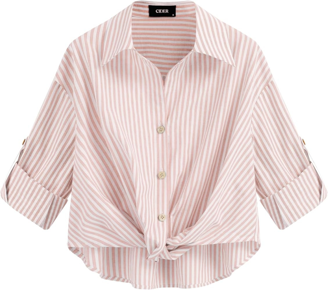 CIDER Womens Shirts Striped Roll Up Long Sleeve Shirts for Women Cotton Blend Button Down Collar ... | Amazon (US)