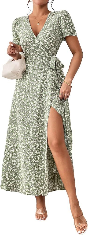 OYOANGLE Women's Boho Ditsy Floral Print Wrap V Neck Short Sleeve Belted Split Thigh Maxi Dress | Amazon (US)