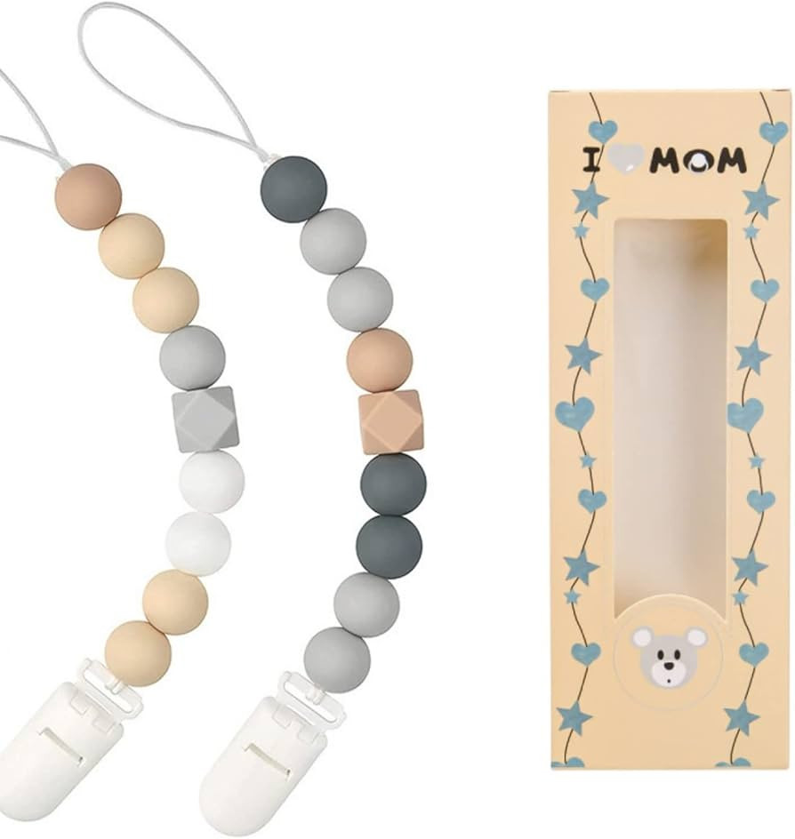 Pacifier Clips for Baby Boys Girls Silicone Beads Pack of 2 Soft Flexible Binky Clips(Grey+Blue) | Amazon (US)