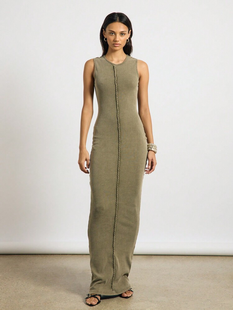 AiiRZ Ribbed Tank Maxi Dress With Raw Edge Detail Floor Length Casual Summer Evening Party Wedding Guest Sleeveless Column Dress | SHEIN