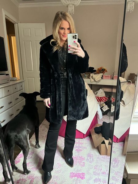 Mob wife look 
Black faux fur jacket 

All black winter look 
Vincent Camuto top
Black sheer blouse 
Gold and black blouse 
Black bootcut jeans 
AE jeans 
Black booties 
Kurt Keiger bag 
Black crossbody bag 



#LTKSeasonal #LTKfindsunder50 #LTKfindsunder100