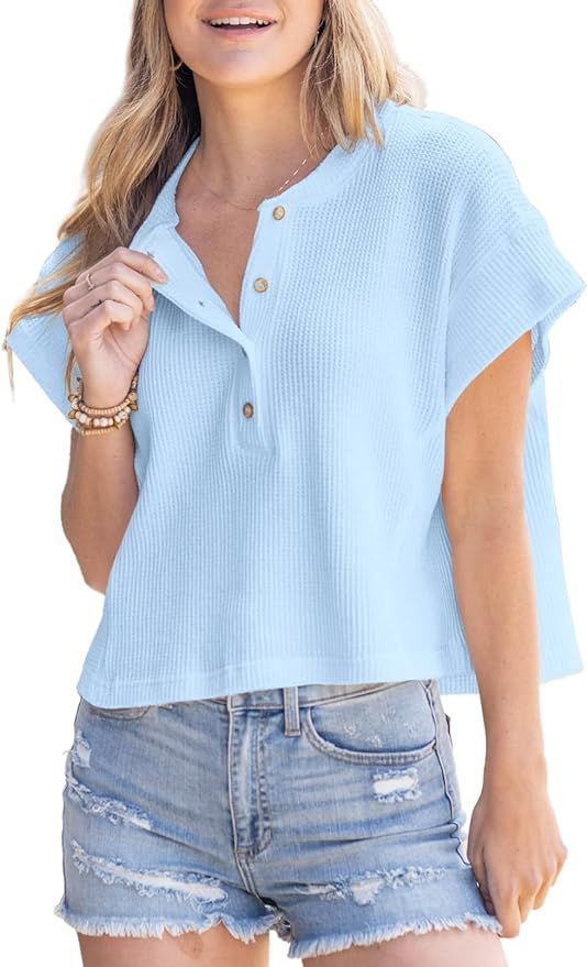 Dokotoo Women's Casual Button Round Neck Short Sleeve Waffle Knit Henley Shirts Loose Summer Tuni... | Amazon (US)