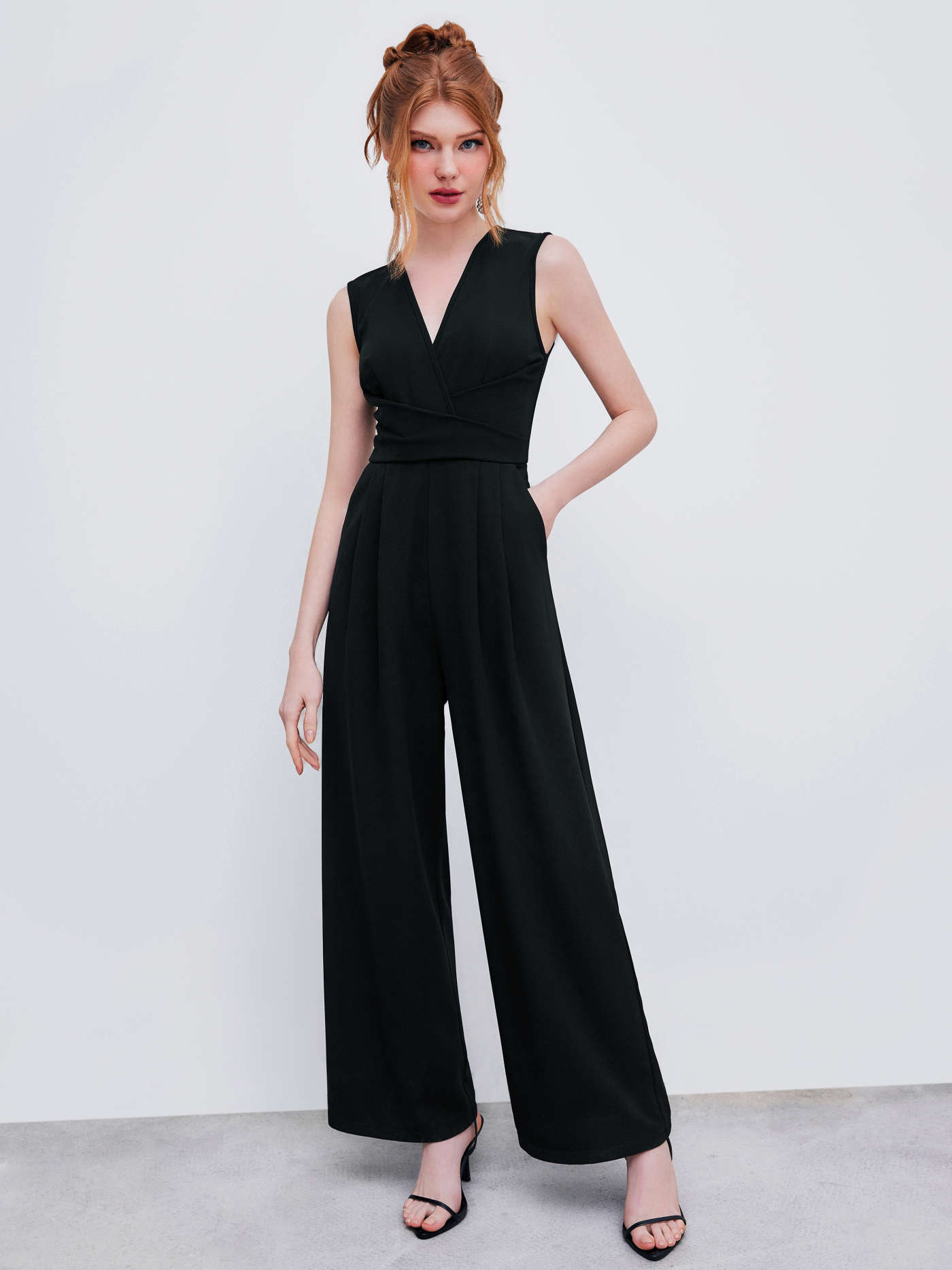 V-neck Wrap Zipper Wide Leg Jumpsuit | Cider