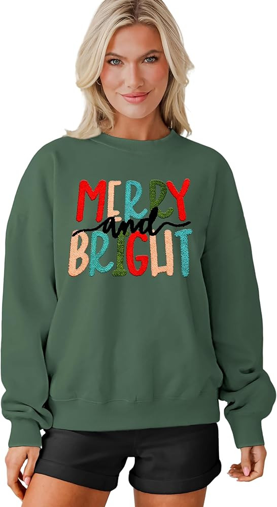 MAPICK Christmas Sweatshirt for Women Merry and Bright Embroidery Sweaters Crewneck Fleece Linend... | Amazon (US)
