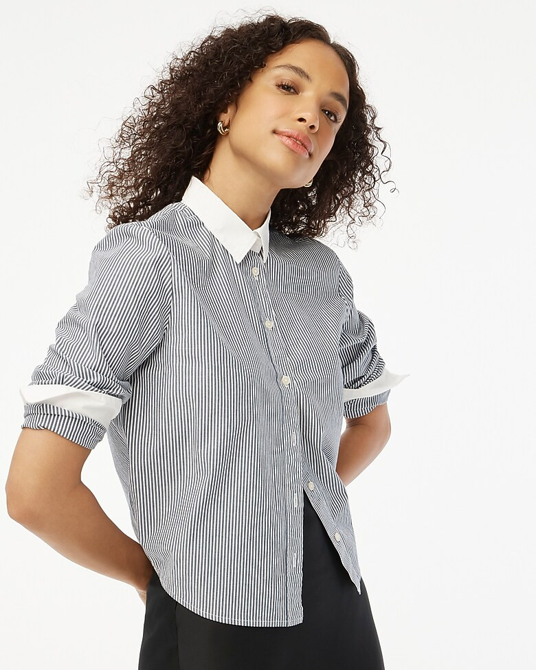 Striped cropped button-up shirt with contrast collar | J.Crew Factory