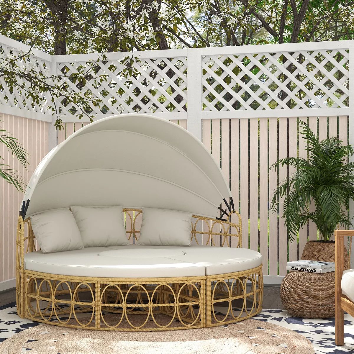 Outsunny 4 Piece Round Outdoor Daybed with Canopy, Cushioned PE Rattan Patio Furniture Set, Cream... | Target