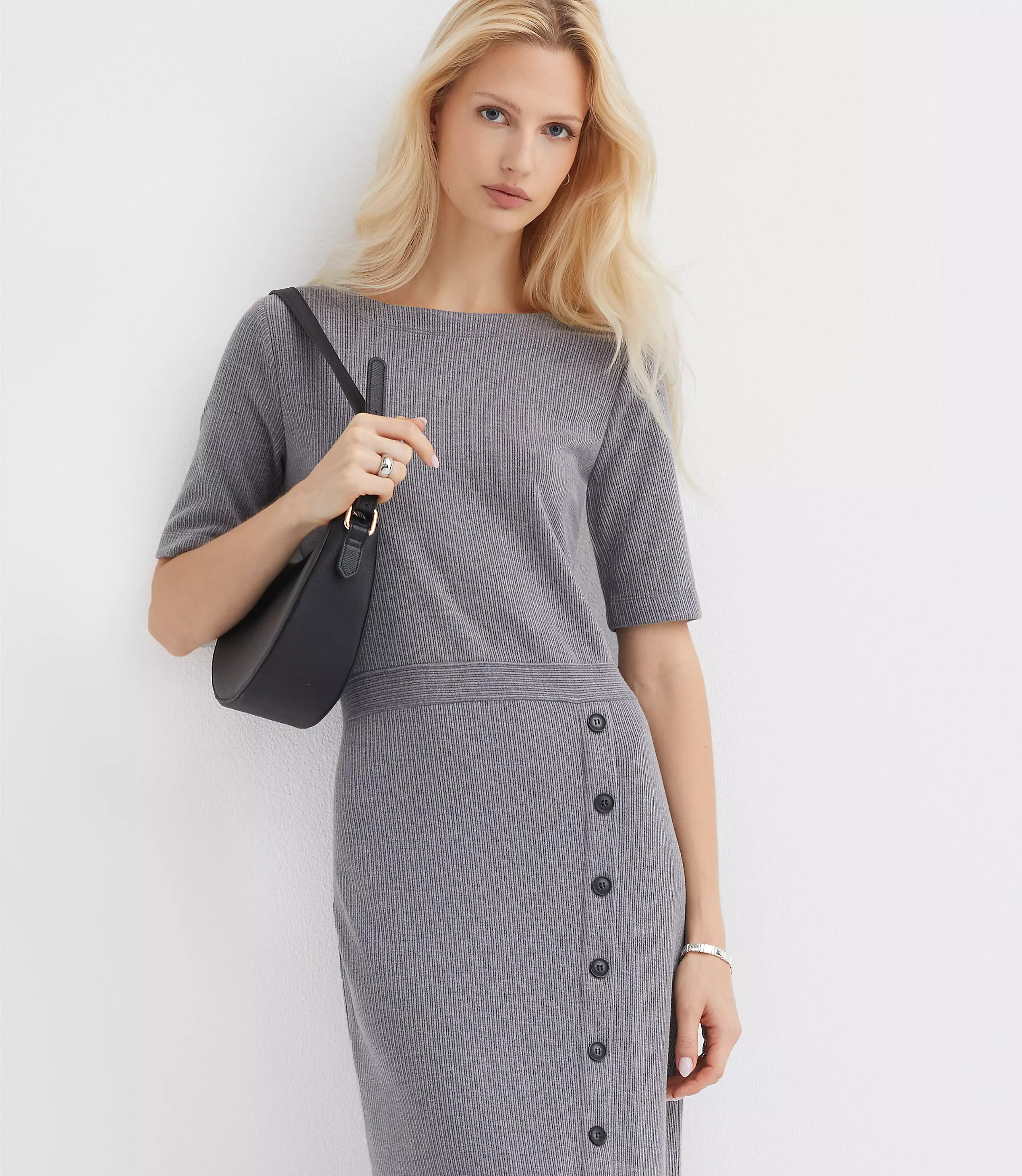 Ribbed Button Trim Midi Dress | LOFT