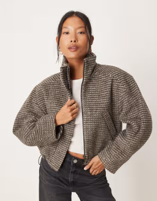 ASOS DESIGN Petite funnel neck formal bomber in check | ASOS (Global)
