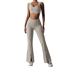 Workout Sets for Women 2 Piece High Waist Flared Leggings Slit Hem V Neck Sports Bra Gym Yoga Out... | Amazon (US)
