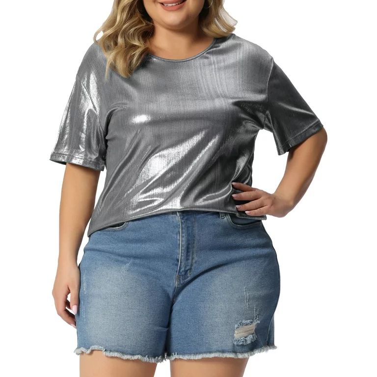 Unique Bargains Women's Plus Size Metallic Round Neck T-Shirt Blouses Tee Tops - Walmart.com | Walmart (US)