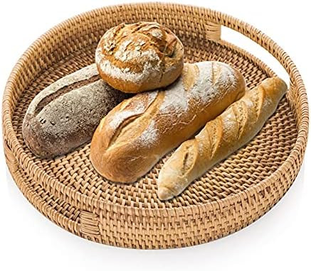 Round Rattan Woven Serving Tray, Wicker Tray with Handles, Decorative Tray for Serving Breakfast ... | Amazon (UK)