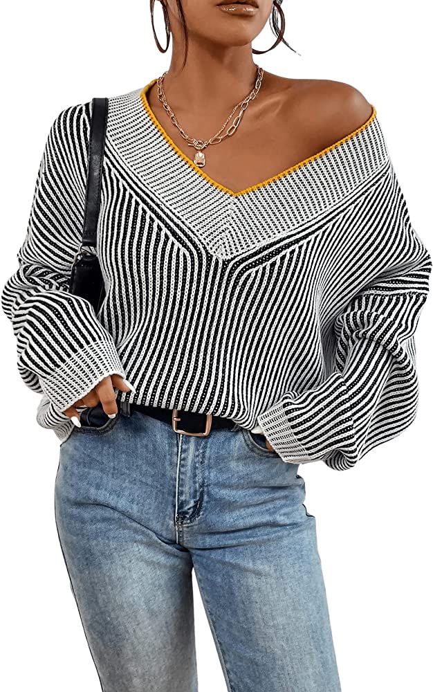 SweatyRocks Women's Striped V Neck Long Sleeve Sweater Drop Shoulder Loose Fit Pullover Knitwear Top | Amazon (US)