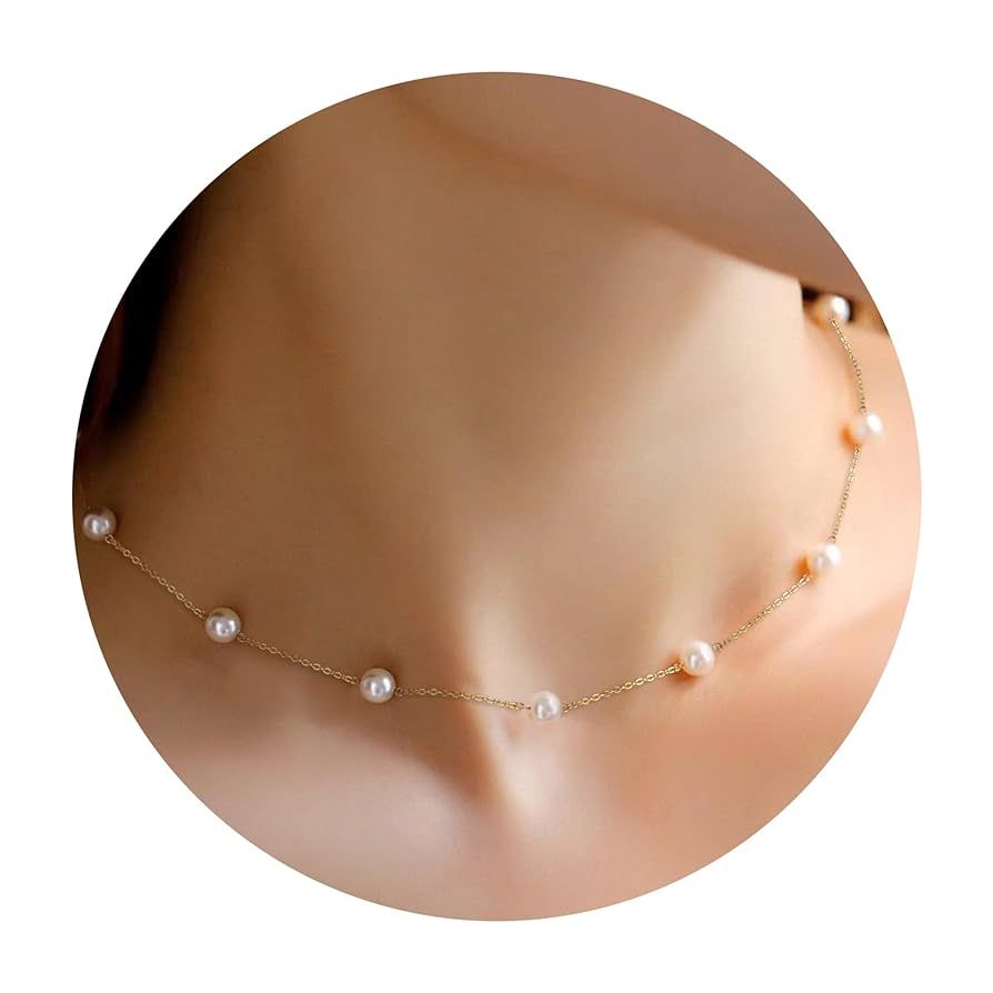 Amazon.com: Trinckle Gold Pearl Necklace, Dainty Gold Necklaces Prom Pearl Choker Necklace 15'' P... | Amazon (US)