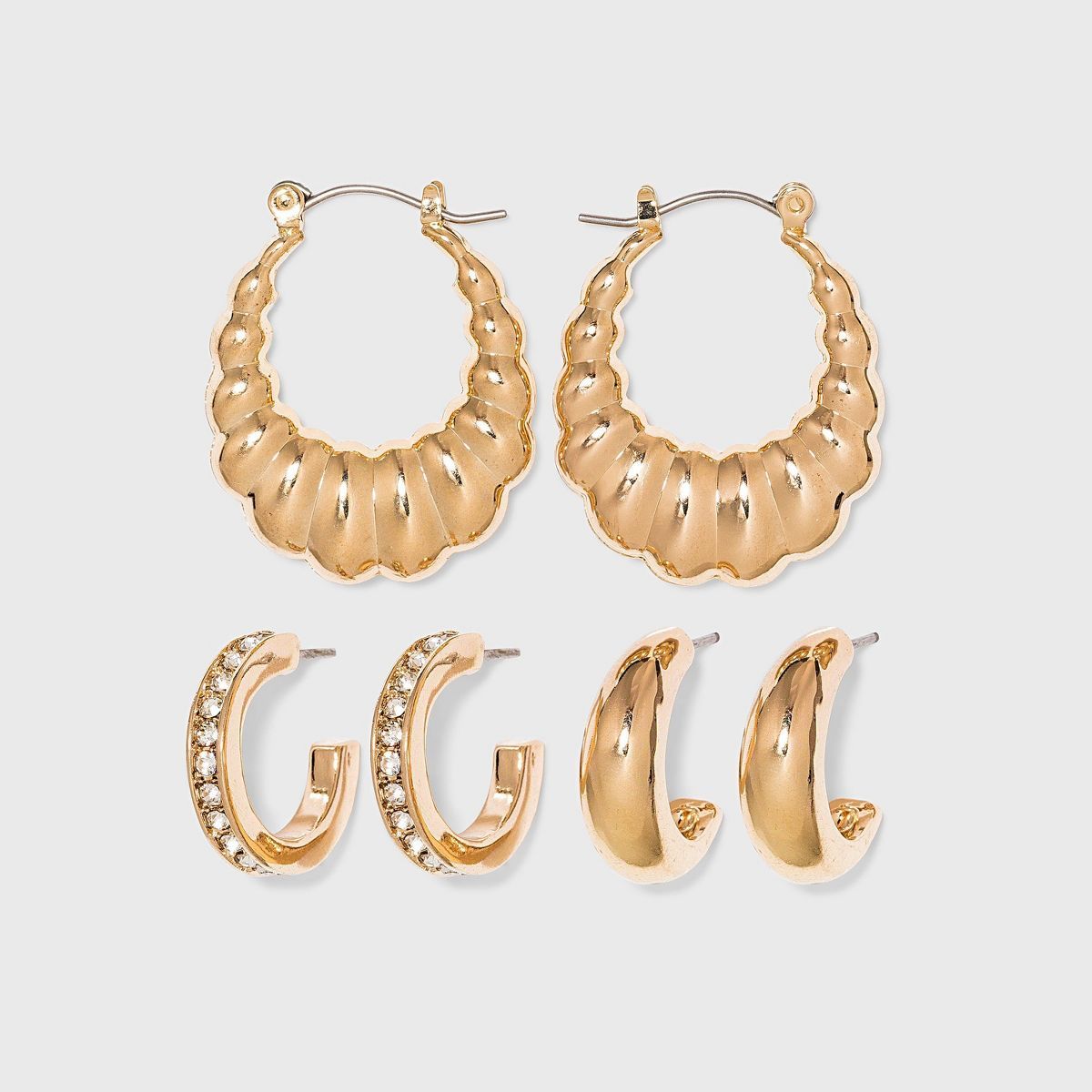 Multi-Texture Hoop Earring Trio Set 3pc - A New Day™ Gold | Target