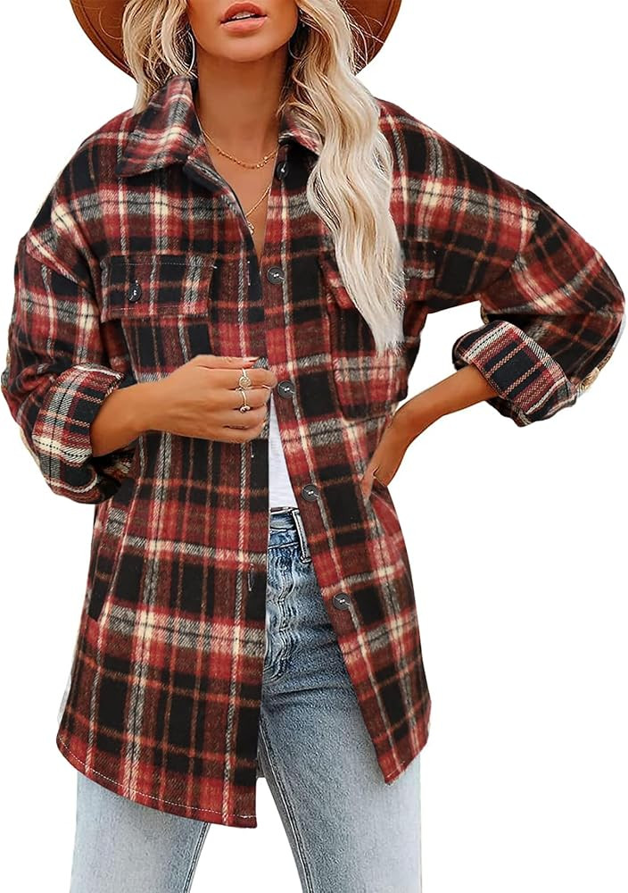 Beaully Women's Flannel Plaid Shacket 2025 Fall Outfits Long Sleeve Button Down Shirts Jacket Coa... | Amazon (US)