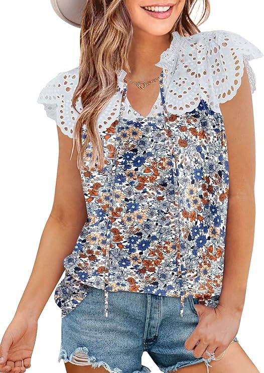 MIHOLL Womens Summer Tops Lace Floral V Neck Casual Loose Blouses Shirts | Amazon (US)