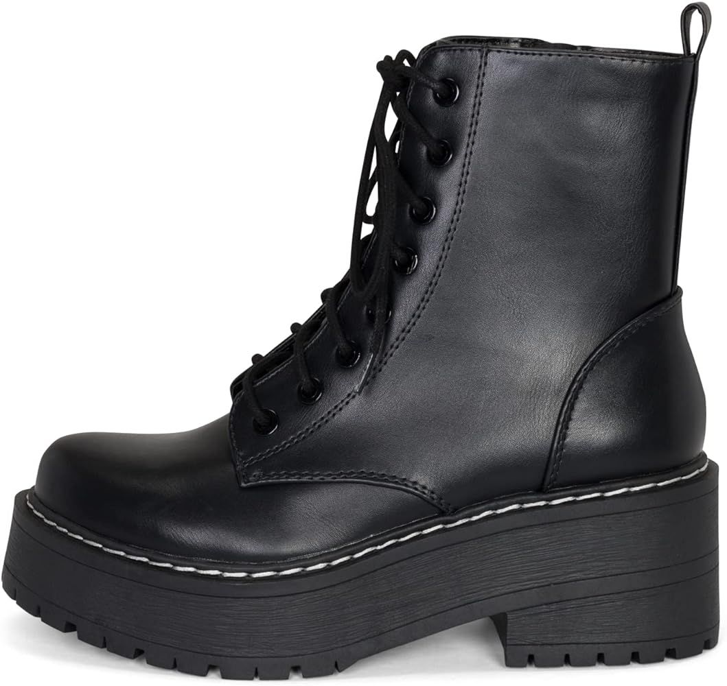 Pure- Women's Chunky Lug Sole Combat Lace Up Side Zipper Fashion Ankle Boot | Amazon (US)