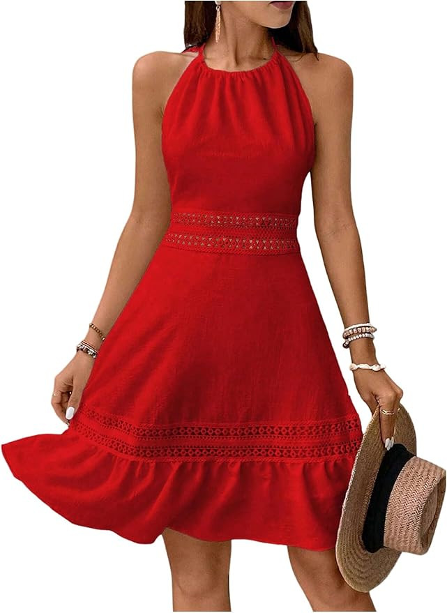 SweatyRocks Women's Ruffle Backless Lace Dress Halter Sleeveless Summer Dresses | Amazon (US)