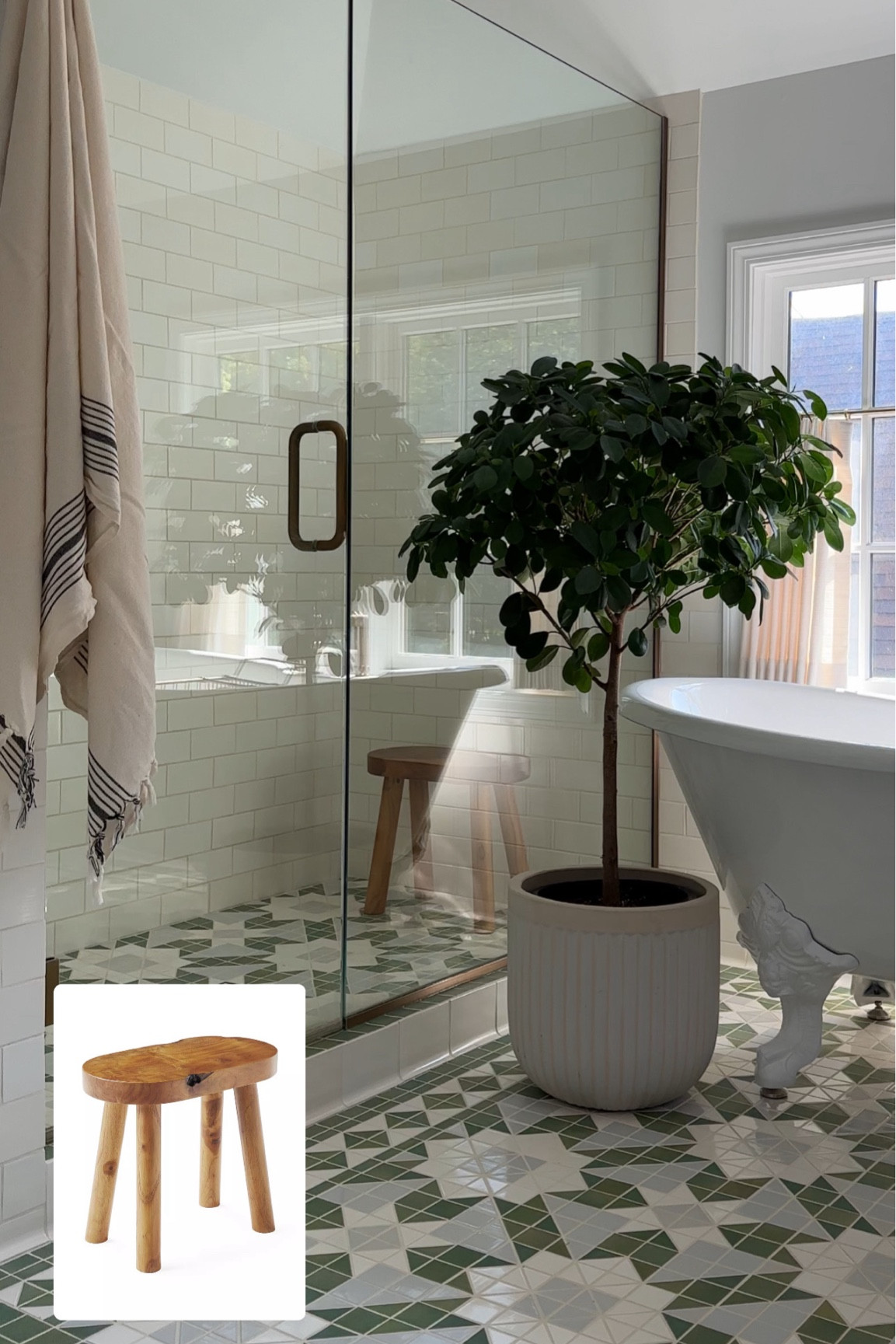 Our teak stool *Note: If you plan to place in the shower, the site says to not get wet so please proceed with caution. The teak wood is sealed and teak is known to withstand wet conditions. We’ve had in the shower for almost a year and half now with no issues. | furniture, bathroom design and decor | 

#LTKFindsUnder100 #LTKHome #LTKSaleAlert