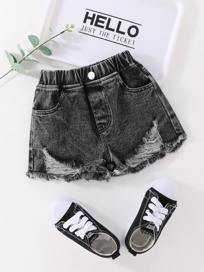 Young Girl Casual Basic Daily Wear Dark Grey Denim Shorts With Distressed Details | SHEIN