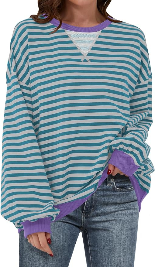 ANRABESS Women Striped Sweatshirt Long Sleeve Shirts Crewneck Oversized Casual Pullover Top 2024 ... | Amazon (US)
