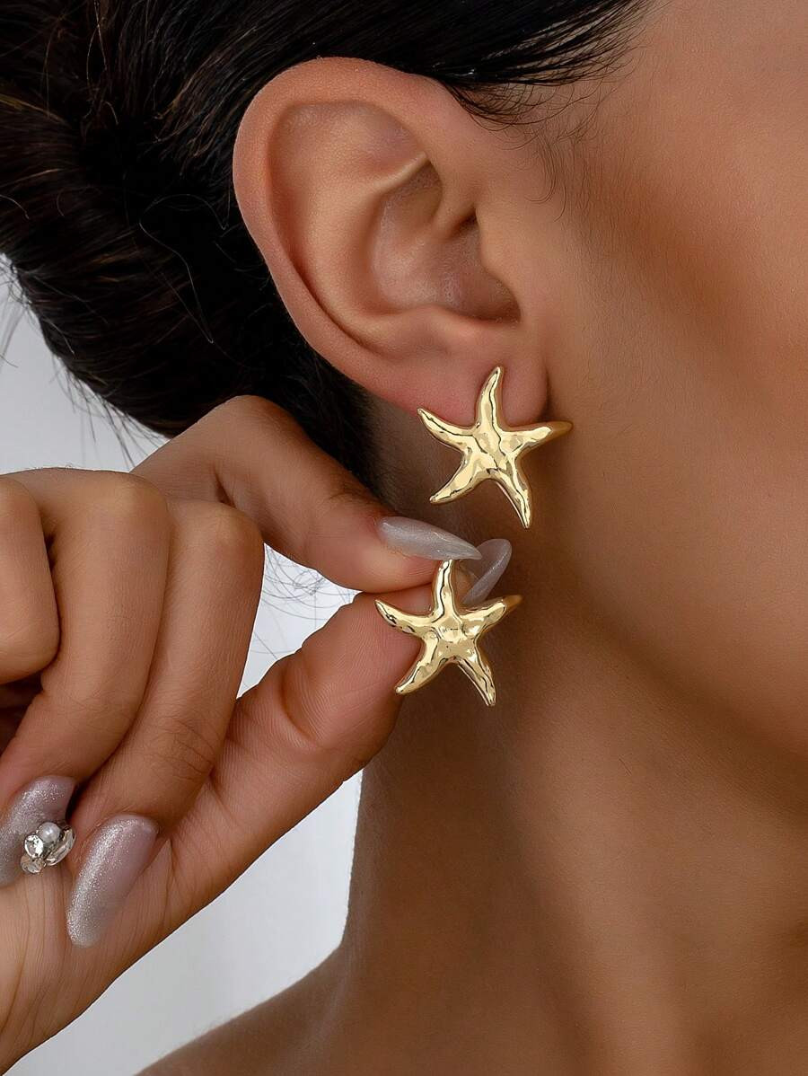 1pair Stylish Elegant Asymmetrical Starfish Stud Earrings With Ocean Theme | SHEIN