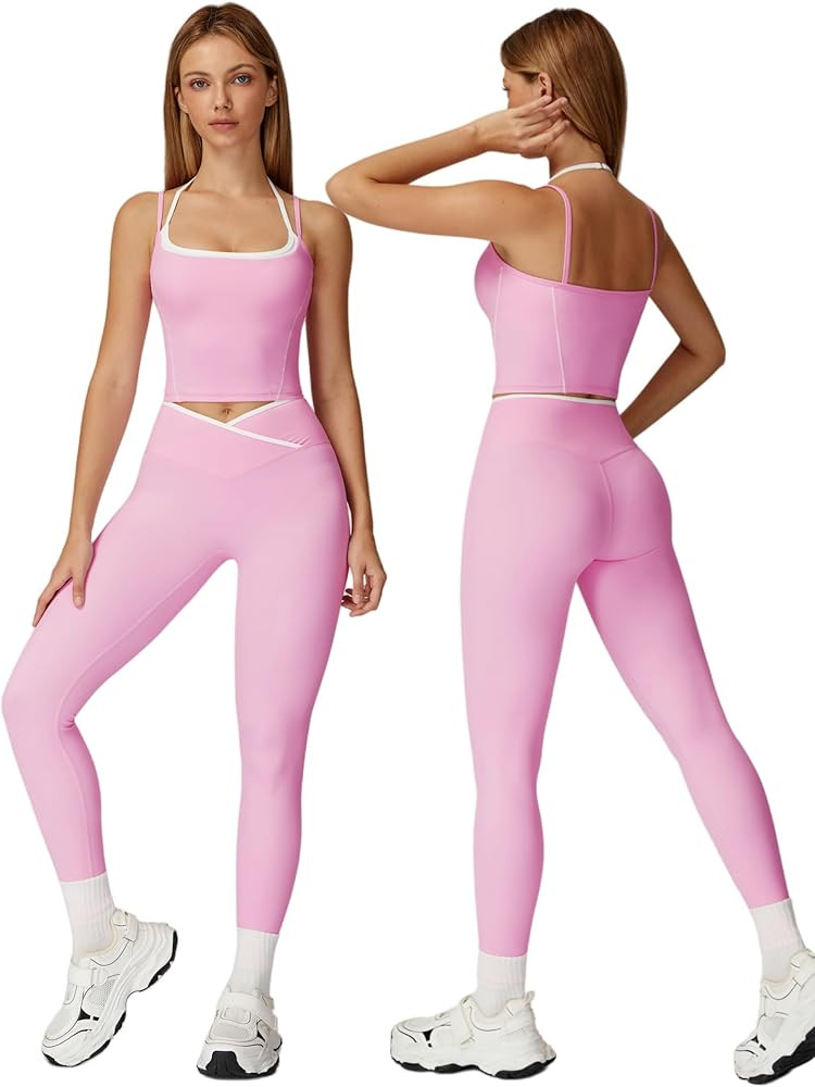 ABOCIW Workout Sets for Women 2 Piece Color Block Strappy Sports Bra High Waist Shorts Gym Yoga P... | Amazon (US)