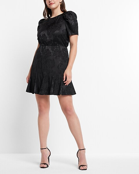 Floral Jacquard Short Puff Sleeve Ruffle Mini Dress | Express