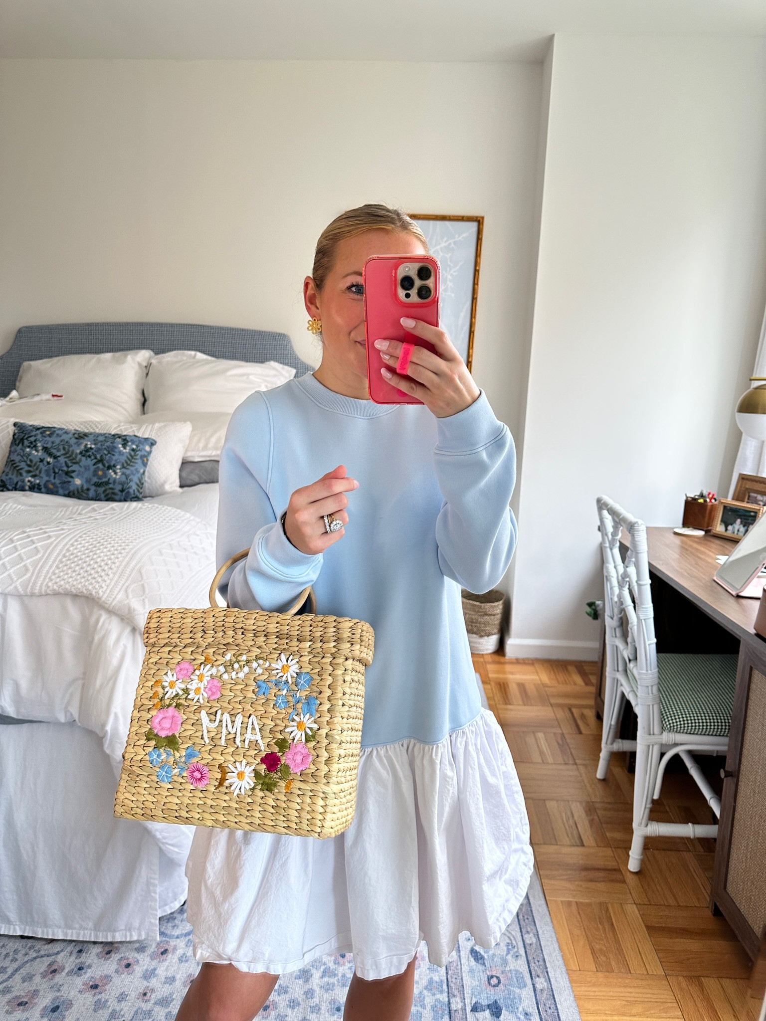 Classic outfit! Long sleeve swing dress, customized straw bag, and gold earrings. 

#LTKstyletip #LTKitbag #LTKfit