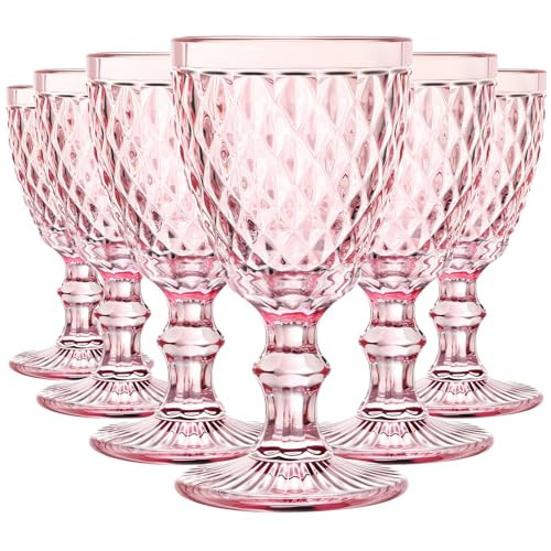Lallisa 6 Pcs Pink Wine Glass Set Vintage Glassware Pink Goblets 8 oz Embossed Drinking Glass with Stem High Clear Stemmed Cups Goblet for Wedding Party Banquet Feast Bar, Daily Use | Amazon (US)