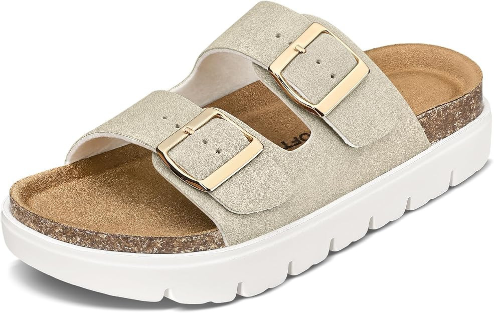 mysoft Women's Comfortable Arch Support Footbed Cork Wedge Sandals - Slip-On Platform Summer Slid... | Amazon (US)