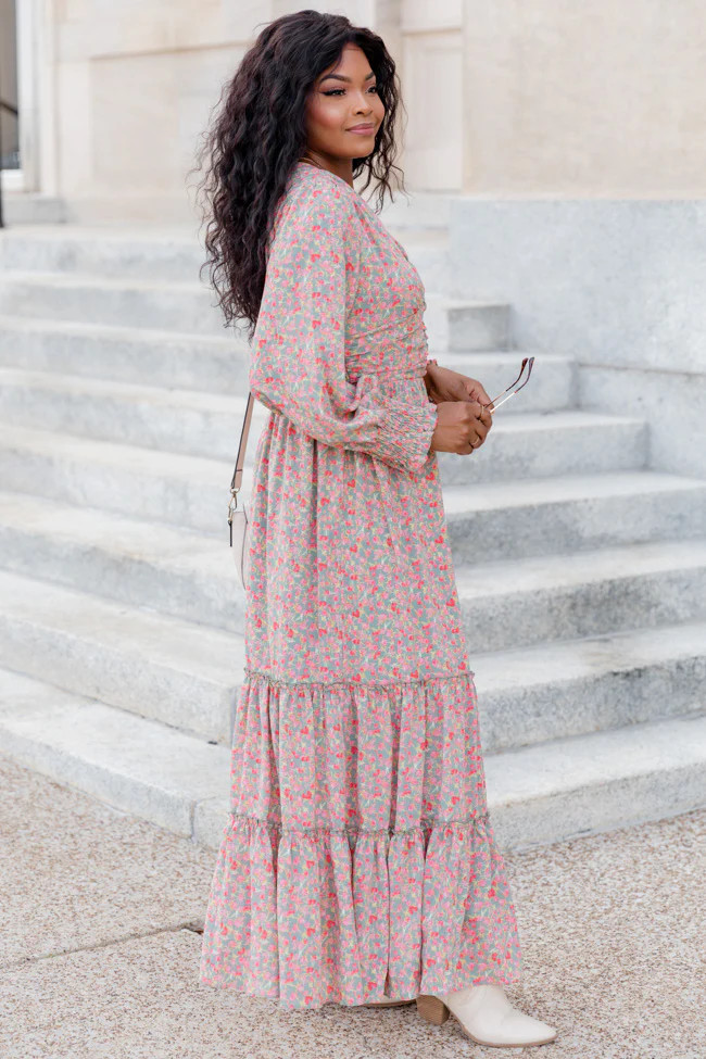 Maybe Later Sage Floral Printed Long Sleeve Tiered Maxi Dress FINAL SALE | Pink Lily