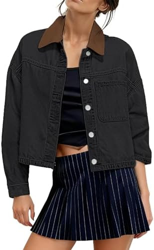 Omoone Women's Denim Jakcet Cropped Oversized Jean Jackets Color Block Patchwork Collar Long Slee... | Amazon (US)