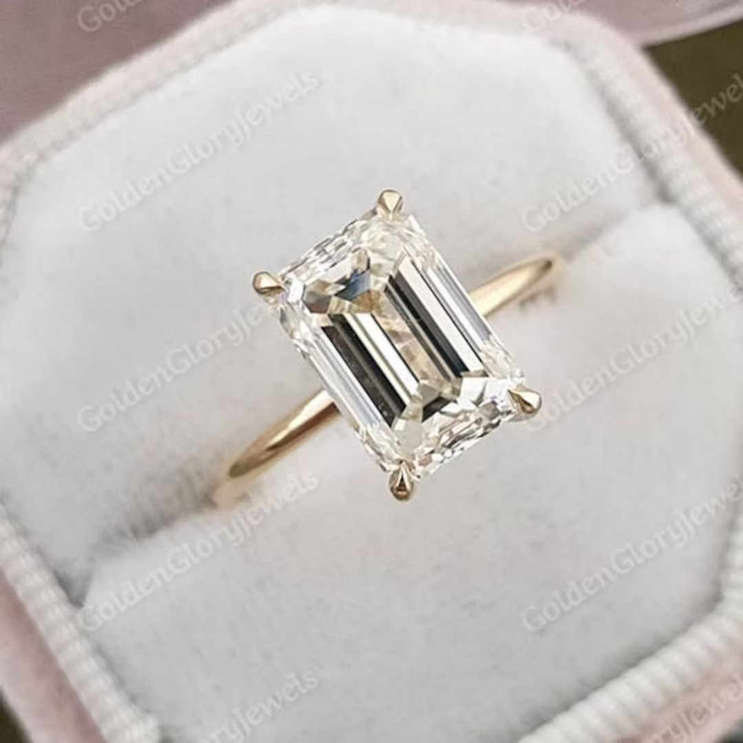 3.8 CT Hidden Halo Solitaire Ring, Emerald Cut Moissanite Engagement Ring, Emerald Cut Ring, Yell... | Etsy (US)