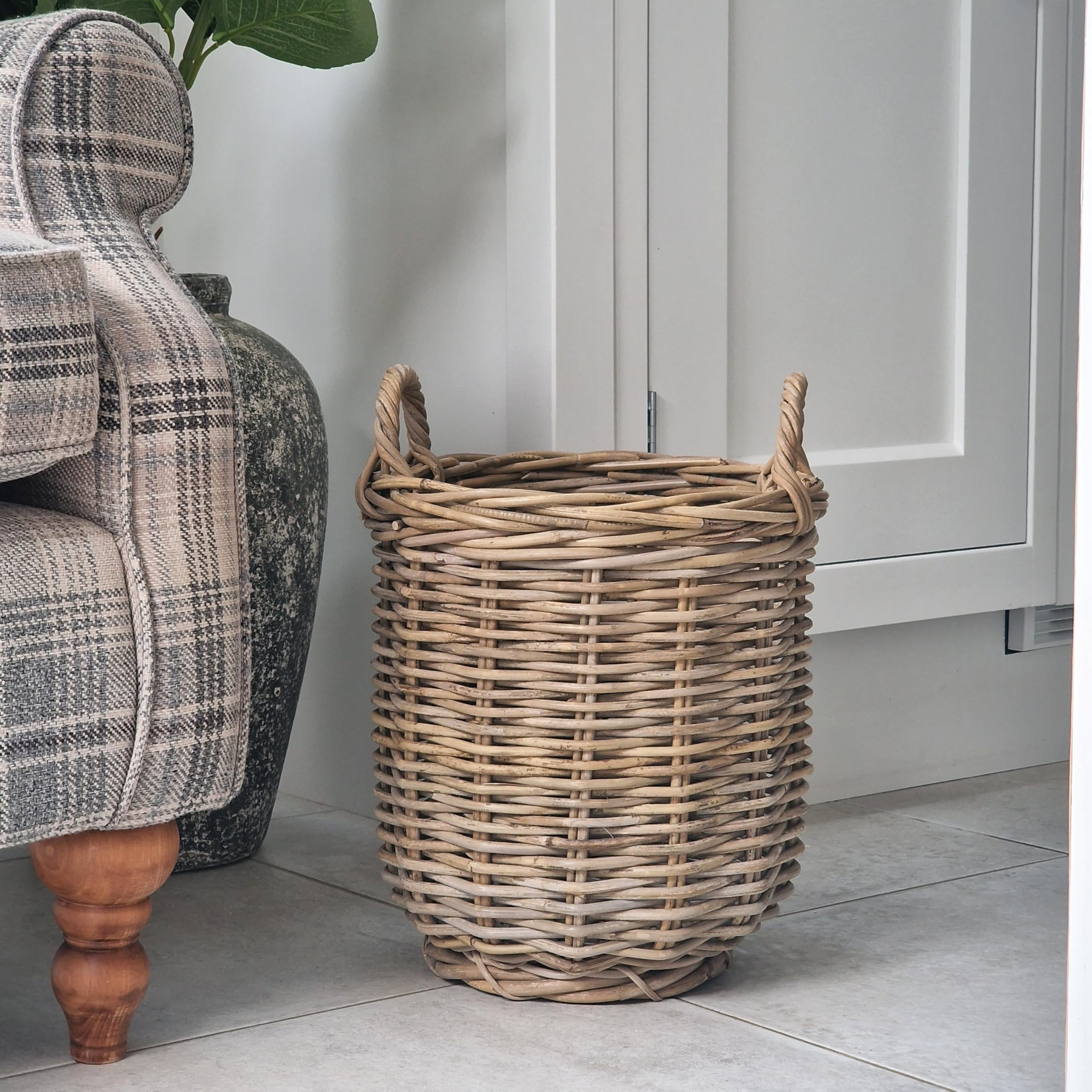 Handwoven Natural Wicker and Rattan Storage Basket with Handles - Small Round Log Basket for Plan... | Amazon (UK)