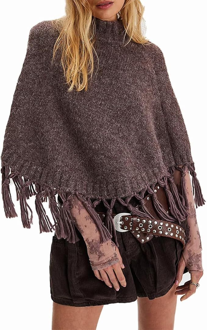 Women Tassel Knit Cropped Poncho Y2K Mock Neck Knitted Fringe Shawls Wraps Sweater Fall Winter El... | Amazon (US)