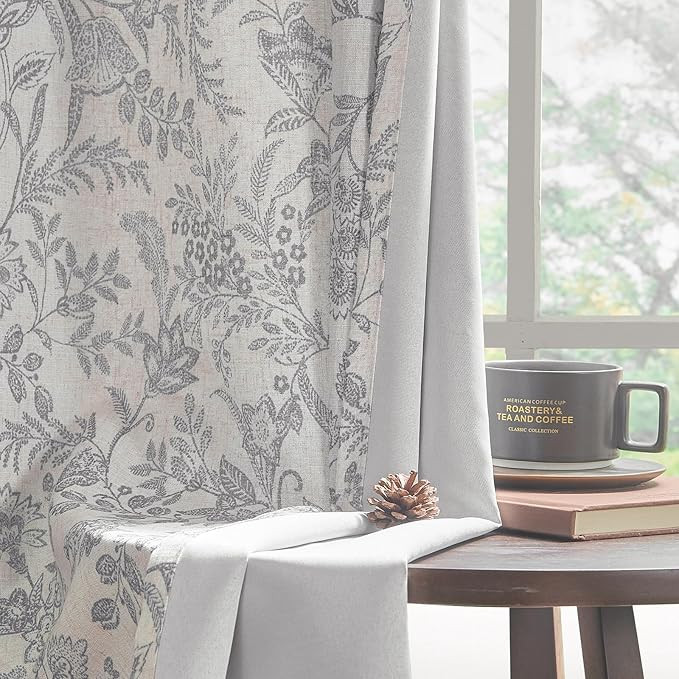 Lazzzy Grey Floral Lined Curtains Linen Farmhouse 84 Inches Long Back Tab Drapes for Living Room ... | Amazon (US)