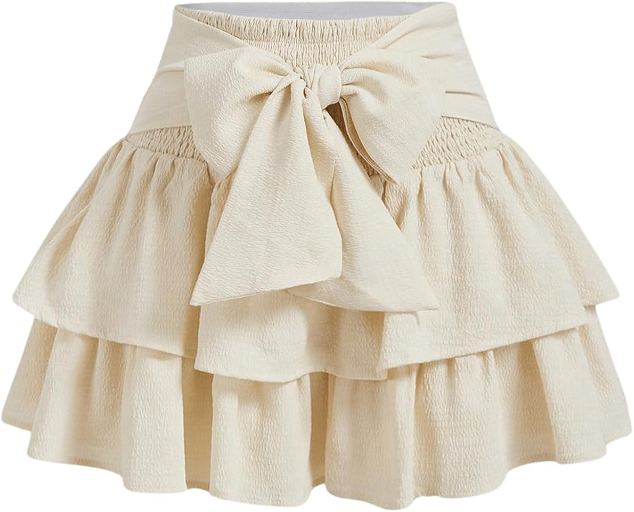 Women's Bow Front Mini Skirt High Shirred Waist Layered Ruffle Hem Short Cake Skirts | Amazon (US)