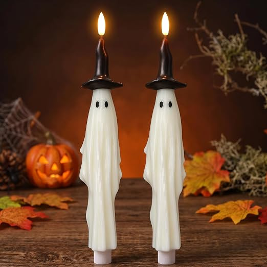 GenSwin Witch Ghost Halloween Battery Operated Flameless Taper Candles | White, Real Wax 3D Wick ... | Amazon (US)