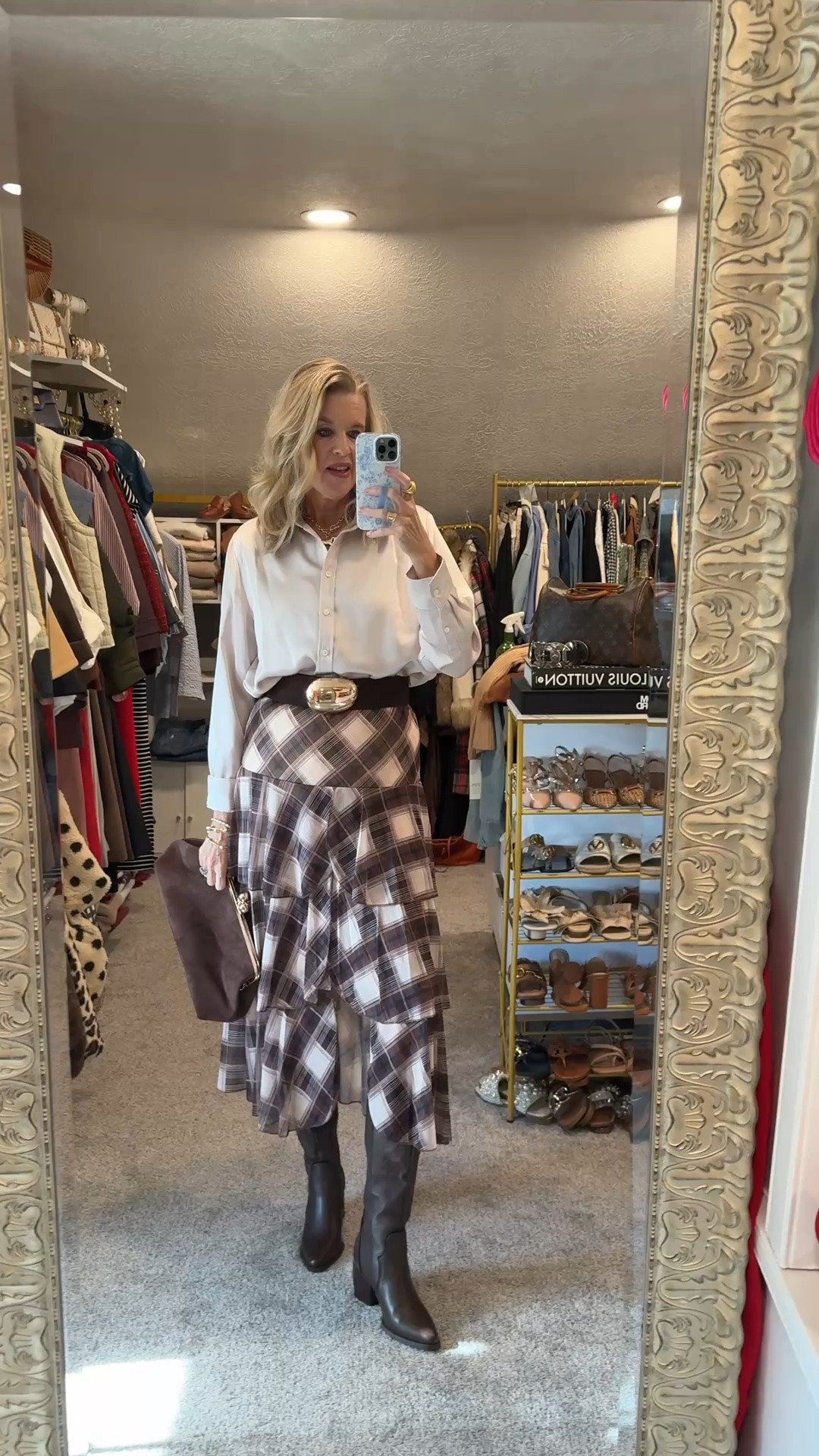 Western Chic kinda of Fall🍂

Style over 50

Satin button up shirt by Spanx 
Save 15% with my code Deardarcyxspanx 

Plaid tiered maxi ruffle skirt
With front slit 
So good and really affordable, I was pleasantly surprised with this one!

Suede belt with large god buckle is by Dolce vita
 And I linked several similar in a verity of prices.

Affordable suede kiss knot closer clutch 

Under $60 cowboy boots you’ll love

Gold link horse necklace by Chicos and I linked similar 

Gold hoop earring, bangle bracelets and ring Julie Vos

#LTKgrwm #LTKootd #LTKOver40