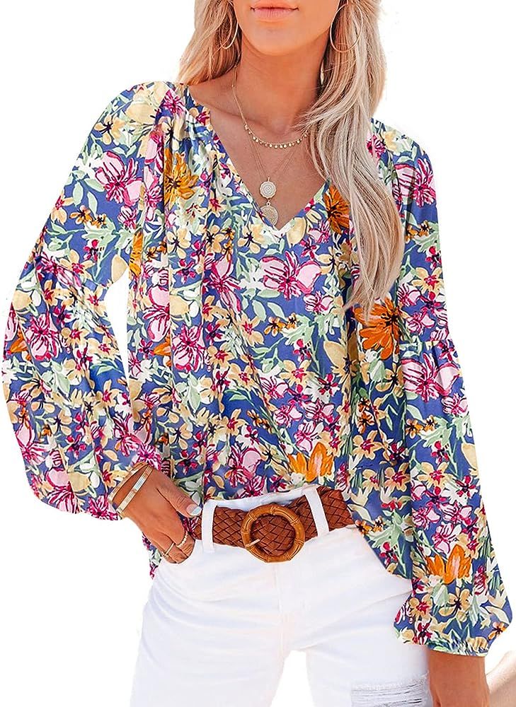 SHEWIN Women's Casual Boho Floral Print V Neck Long Sleeve Loose Blouses Shirts Tops | Amazon (US)