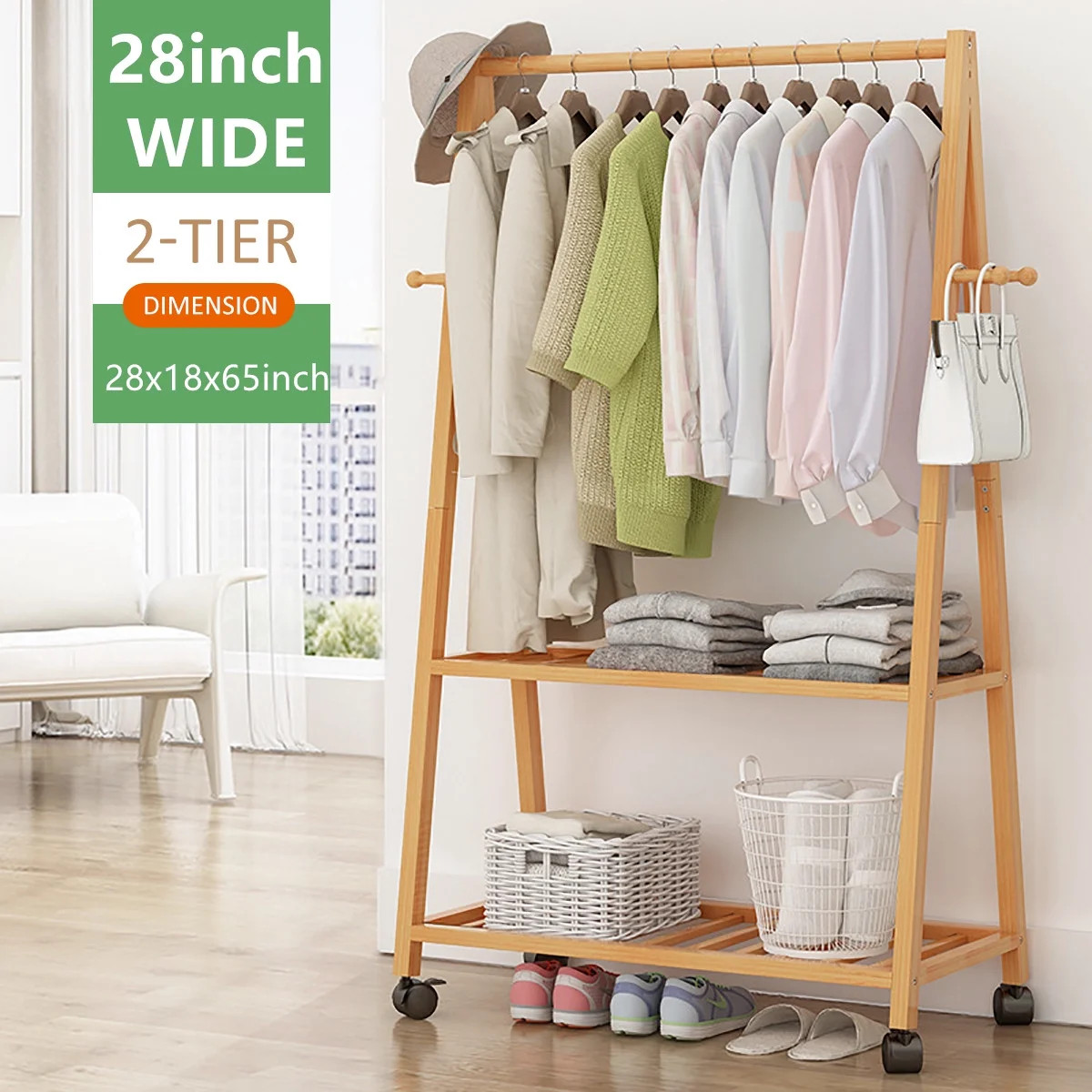 2Tier Bamboo Clothes Hanger Coat Rack Garment Closet Storage Organizer Floor Standing Hanging Clo... | Walmart (US)
