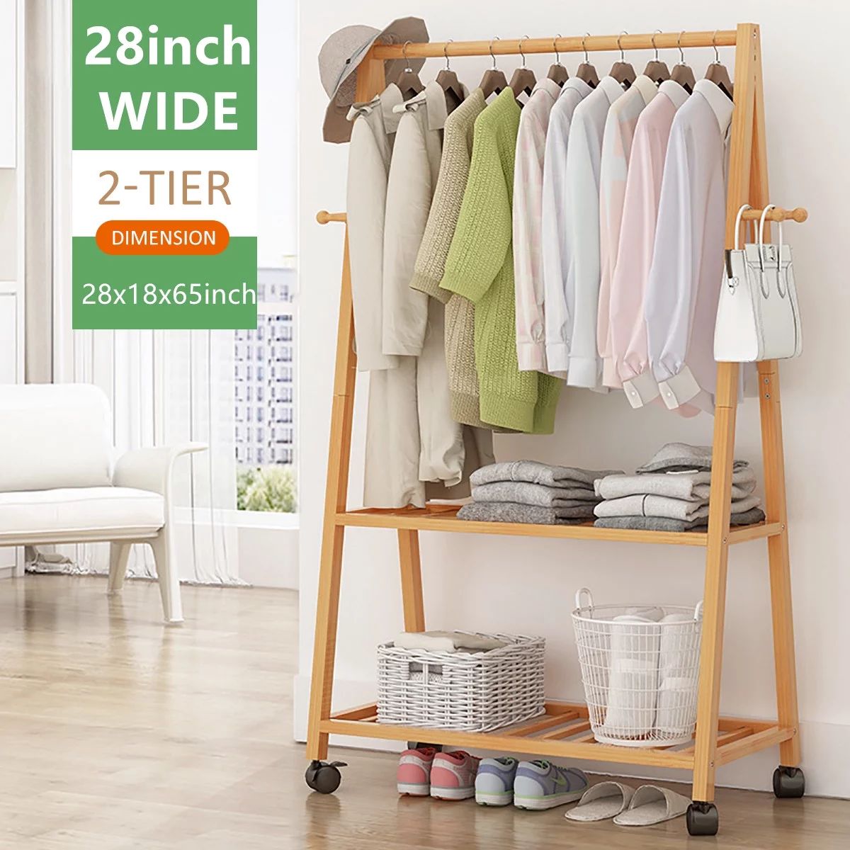 2Tier Bamboo Clothes Hanger Coat Rack Garment Closet Storage Organizer Floor Standing Hanging Clo... | Walmart (US)